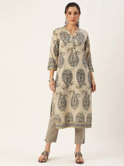 amukti beige printed a line kurta