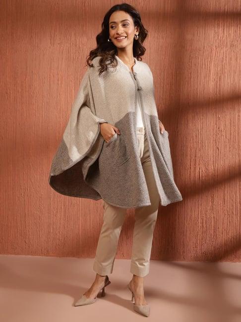 fabindia beige & grey self pattern shrug