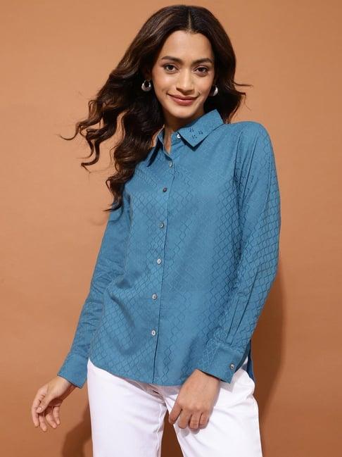 fabindia blue cotton chequered shirt