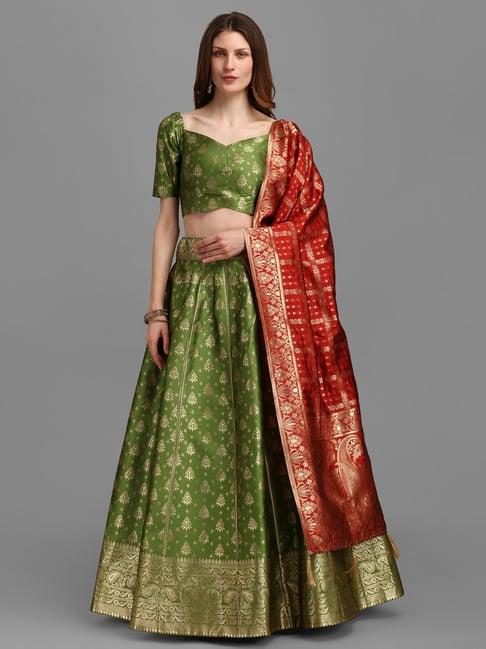 purvaja dark green printed stitched lehenga & unstitched blouse with dupatta