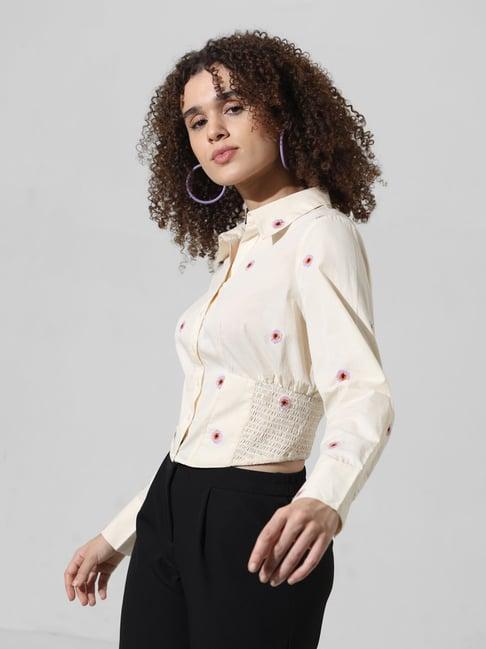 only cream cotton floral print crop shirt