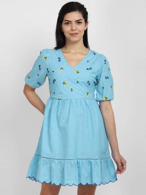 allen solly blue cotton embroidered a-line dress