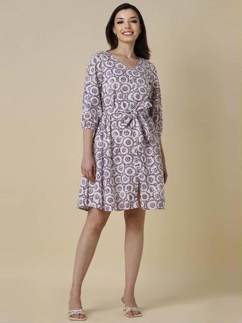 allen solly white & purple printed a-line dress