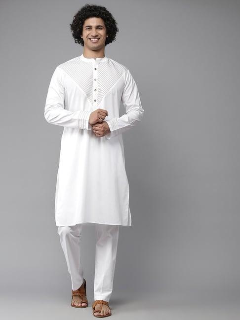 see designs white cotton regular fit self pattern kurta bottom set