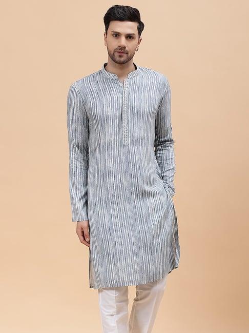 see designs off white & grey cotton regular fit embroidered kurta