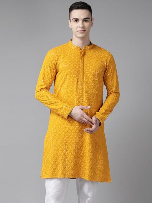 see designs mustard regular fit embellished kurta