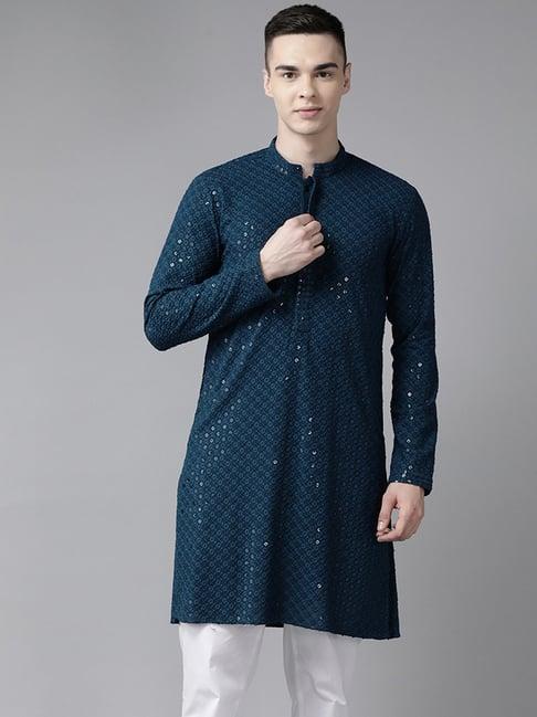 see designs teal blue regular fit embellished kurta