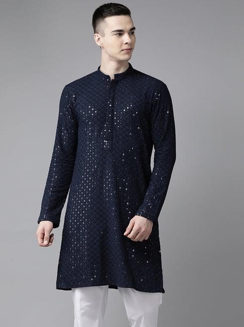 see designs navy blue regular fit embellished kurta