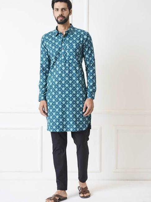 see designs teal blue & blue cotton regular fit printed kurta bottom set