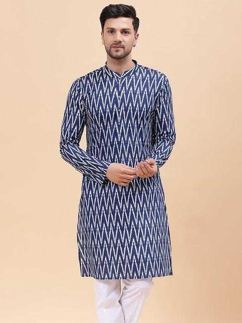 see designs navy blue cotton regular fit printed kurta