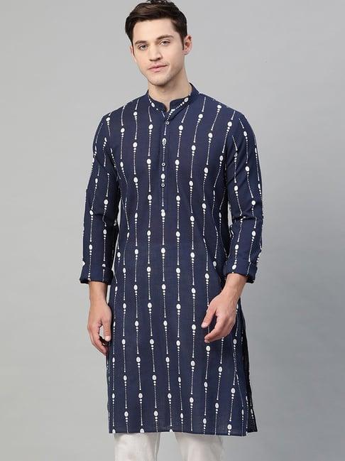 see designs navy blue cotton regular fit printed kurta