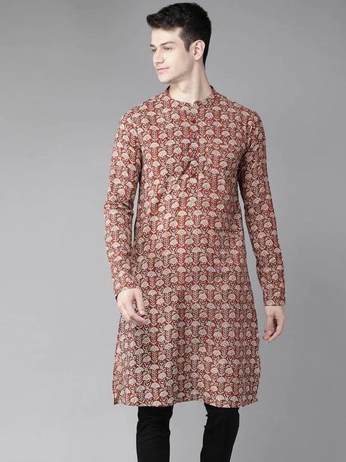 see designs maroon cotton regular fit printed kurta