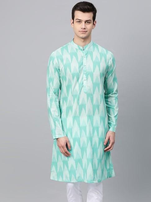 see designs turquoise blue cotton regular fit printed kurta