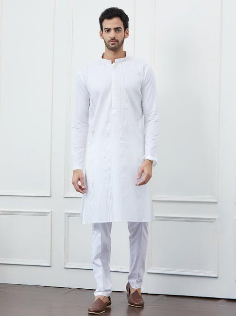 see designs white cotton regular fit embellished kurta