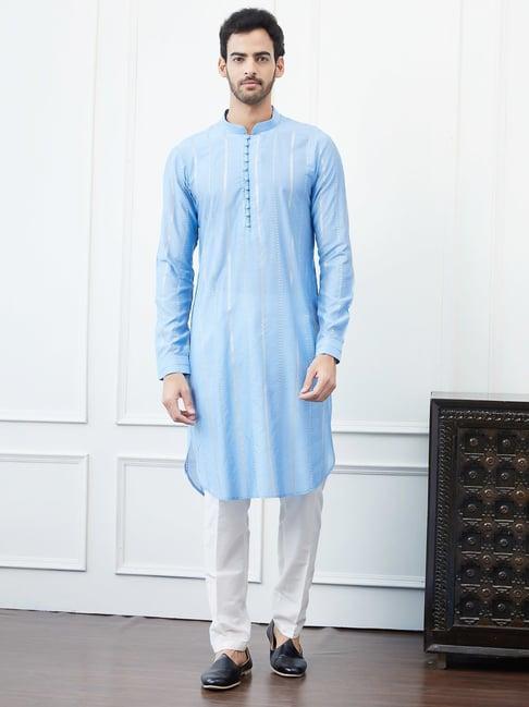 see designs turquoise blue cotton regular fit embellished kurta