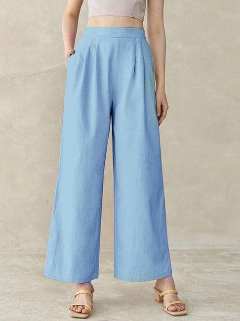 selvia light blue regular fit mid rise trousers