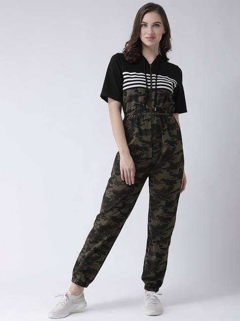 kassually black & olive camo print jumpsuit