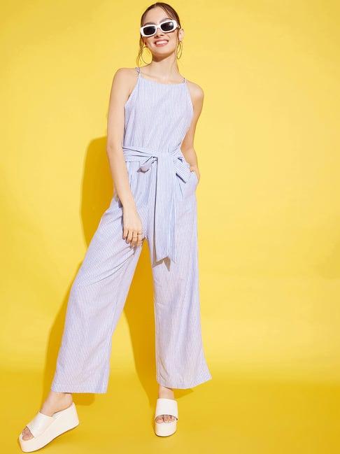 kassually blue & white cotton striped jumpsuit