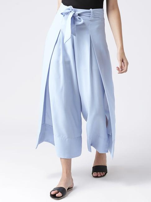 kassually sky blue regular fit mid rise trousers