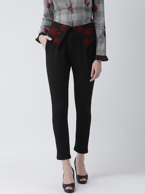 kassually black floral print regular fit mid rise trousers