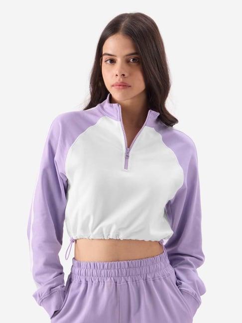 the souled store purple & white cotton color-block crop top