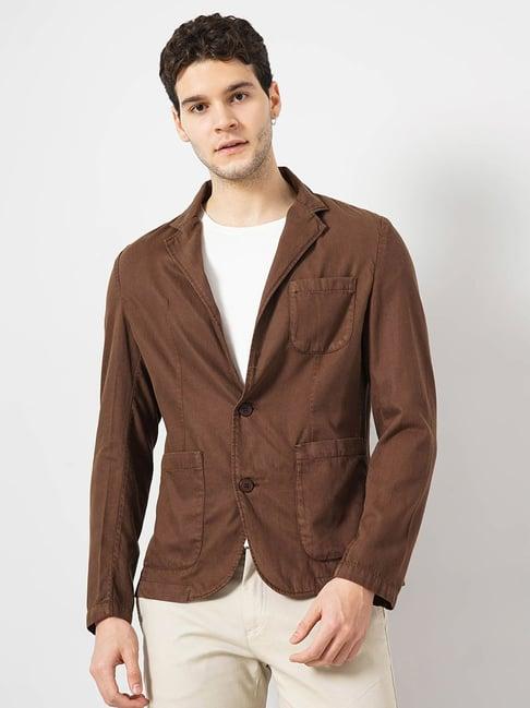 celio* brown regular fit cotton notch lapel jacket