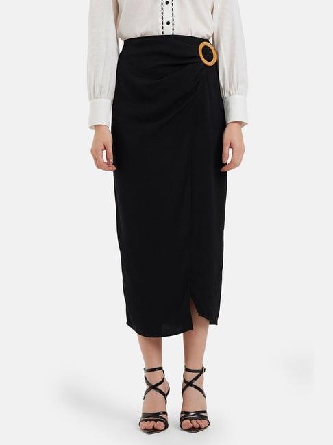 kazo black midi skirt with buckle detail