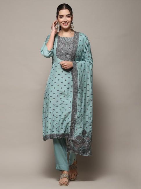 biba sky blue woven pattern unstitched suit set