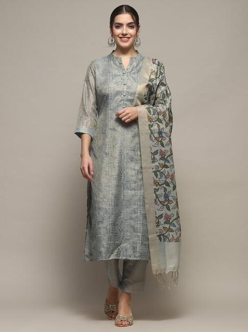 biba earthy blue printed unstitched suit set