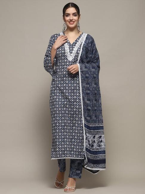 biba blue cotton printed unstitched suit set