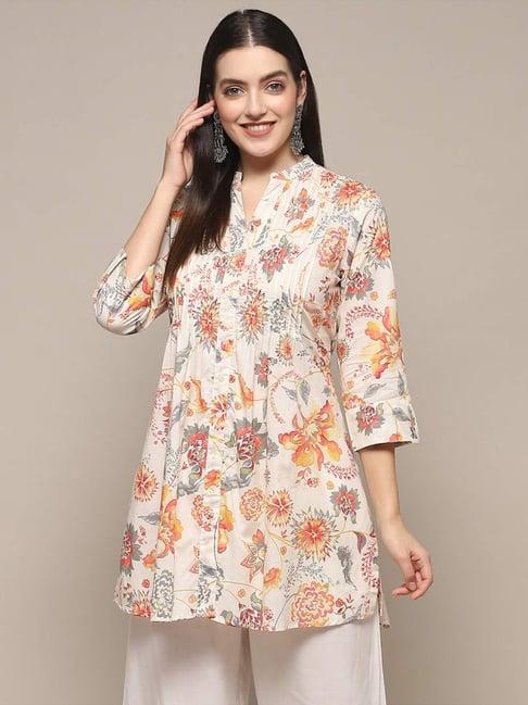 biba off-white cotton printed a line short kurti