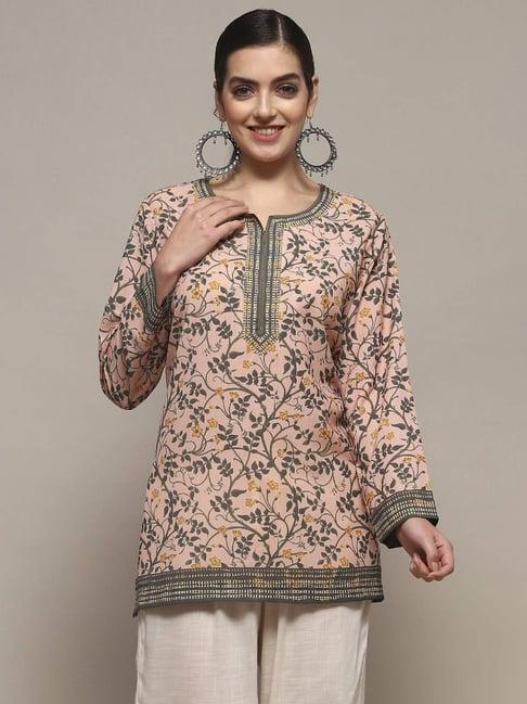 biba beige printed a line short kurti