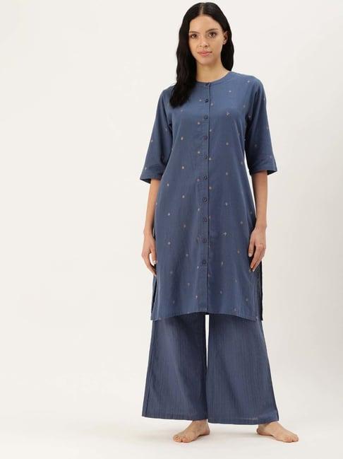 clt.s blue cotton printed kurta palazzo set