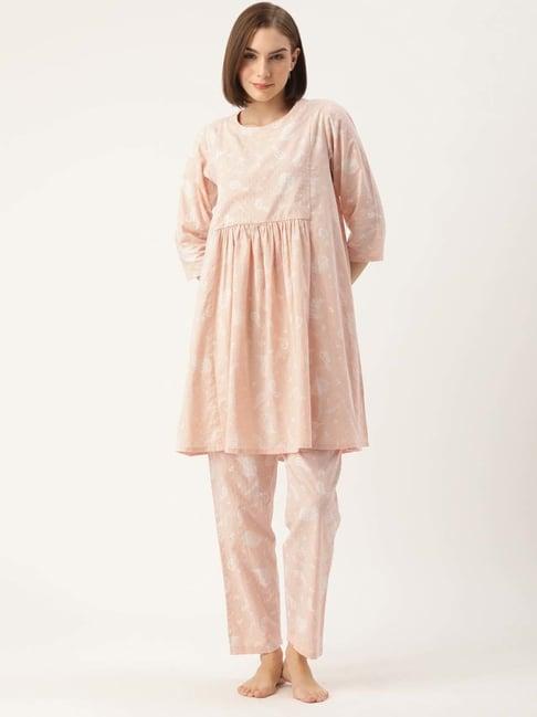 clt.s peach cotton printed kurti pant set