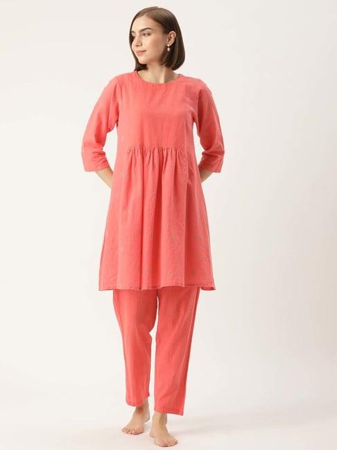 clt.s pink cotton embroidered kurti pant set