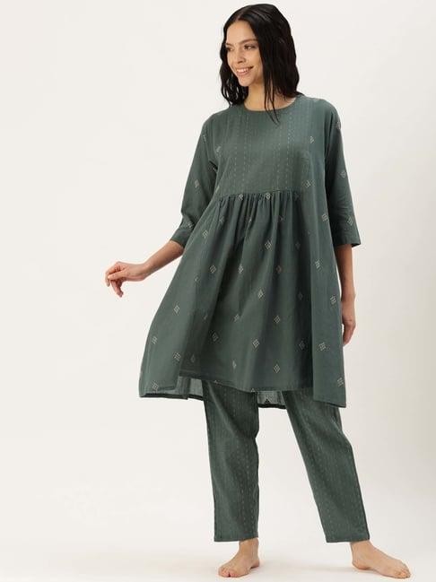 clt.s olive green cotton embroidered kurta pant set