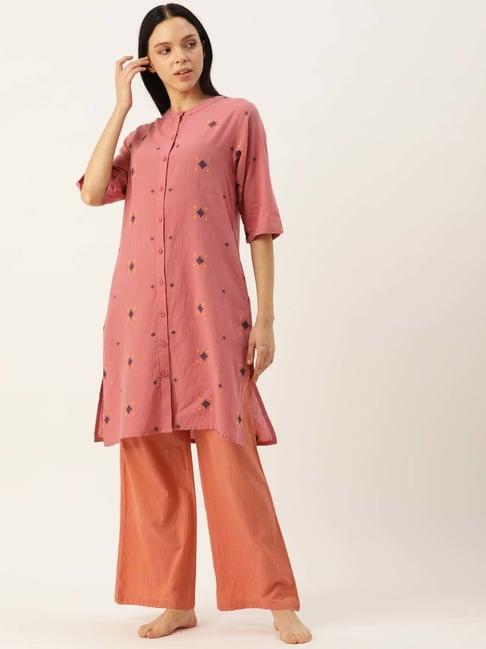 clt.s peach cotton embroidered kurta palazzo set