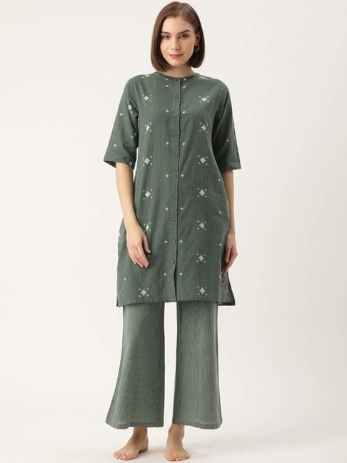 clt.s green cotton embroidered kurti palazzo set