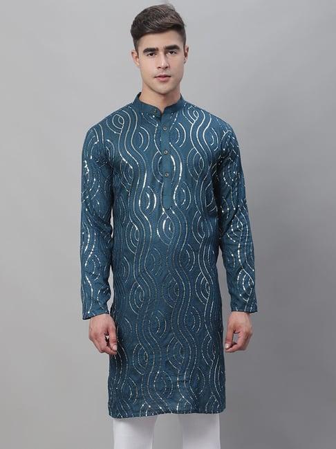 sojanya teal blue regular fit embellished kurta