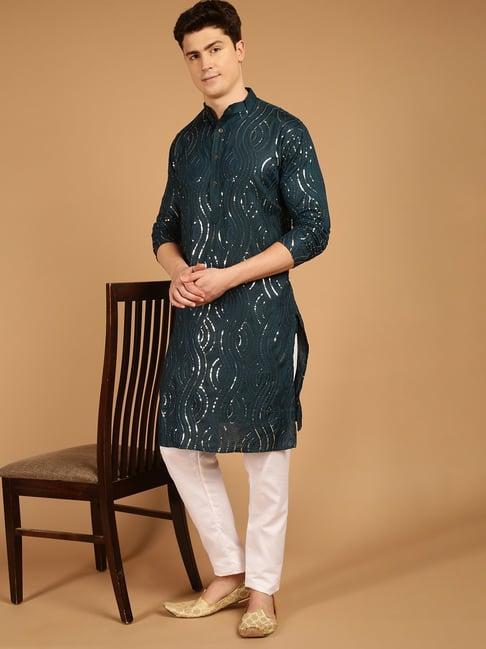 sojanya teal regular fit embellished kurta