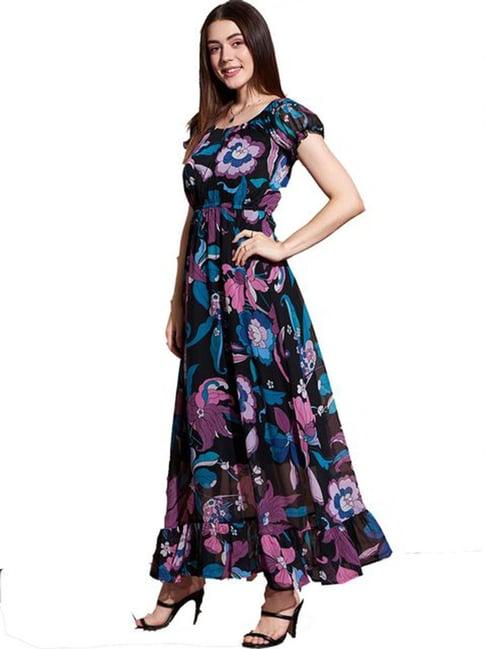 deewa blue & black floral print maxi dress