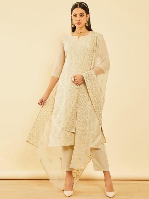 soch beige chanderi embroidered suit set with faux mirror