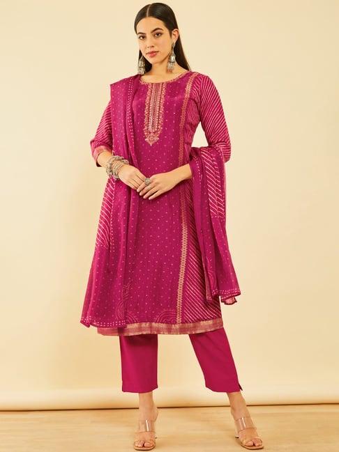 soch fuchsia brocade bandhani printed suit set with mirror work