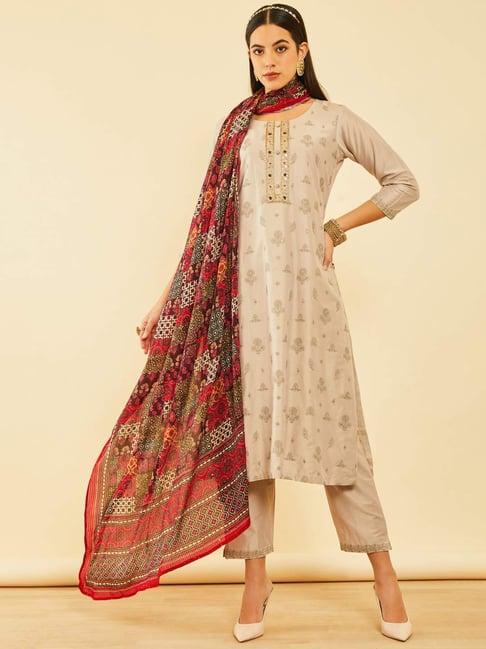 soch beige silk blend embroidered suit set with cutdana