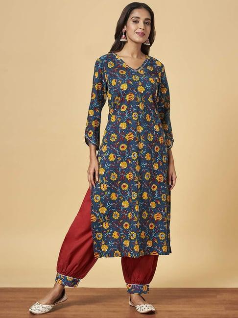 yu by pantaloons blue & red cotton floral print kurta salwar set