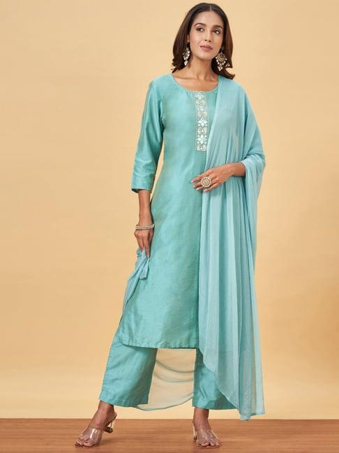 yu by pantaloons blue embroidered kurta palazzo set with dupatta