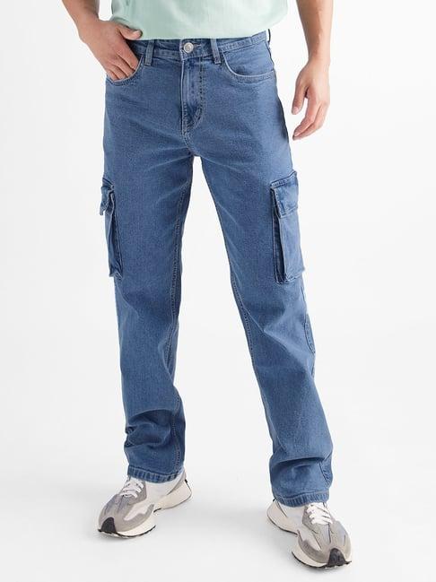 the souled store blue cotton regular fit cargo jeans