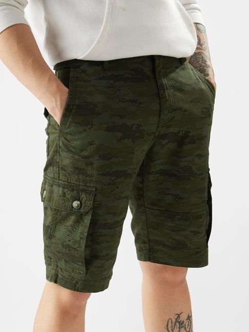 the souled store green cotton loose fit camouflage cargo shorts