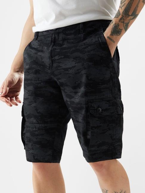 the souled store black cotton loose fit camouflage cargo shorts