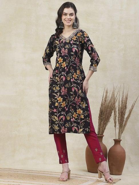 fashor black floral print straight kurta